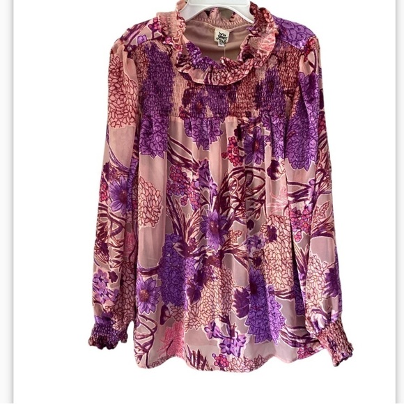 Ivy Jane velvet burnout blouse mock neck smocked chest and wrist hem - Picture 2 of 10